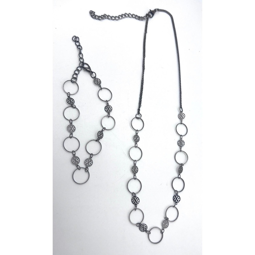 Gunmetal Circle Link Necklace & Bracelet Set‎ 18" + Extender Modern Minimal